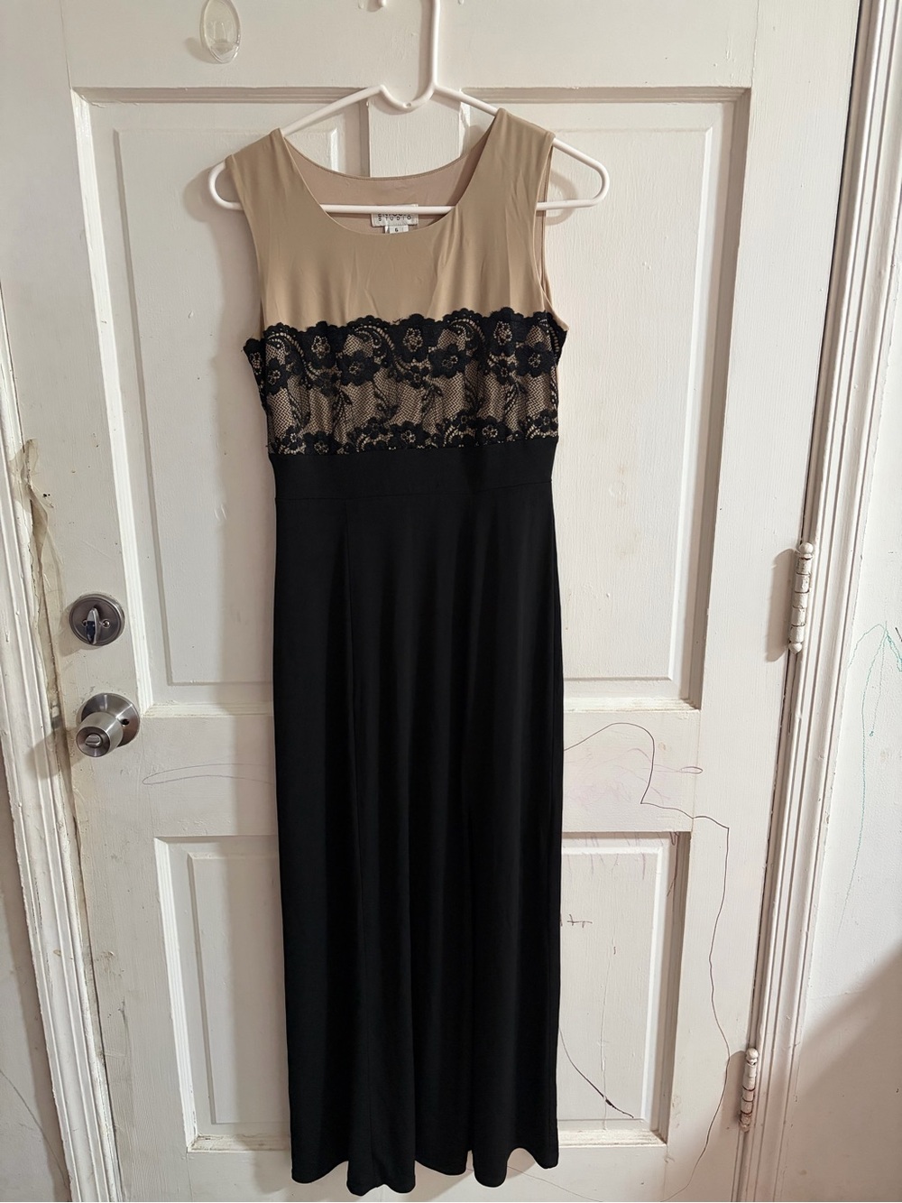Enfocus Studio Beige Bodice with Black Lace Maxi Dress